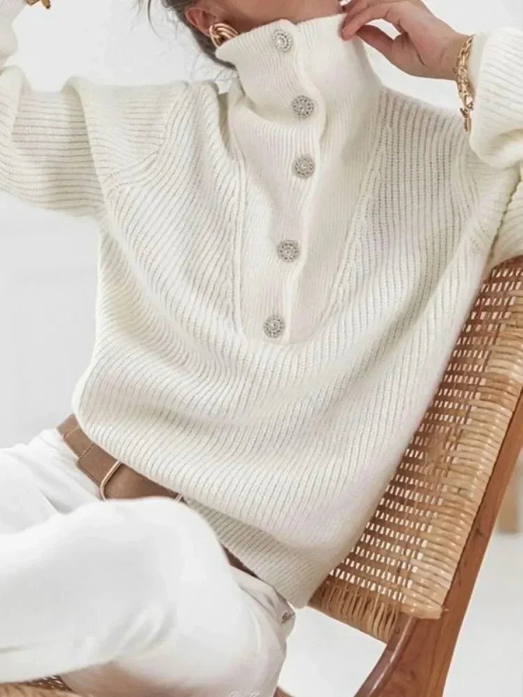 Casual White Pullovers Sweaters Female Fashion Long Sleeves Buttoned High-Neck Sweater Tops Fall Clothes 2025 Women