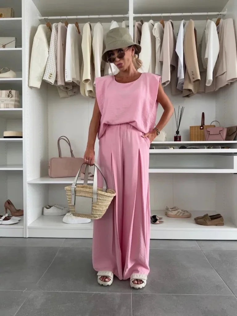 Women's Casual 2-Piece Set Crew Neck Sleeveless Top Wide Leg Pants Set Summer Casual Loungewear Outfit for Travel Vacation