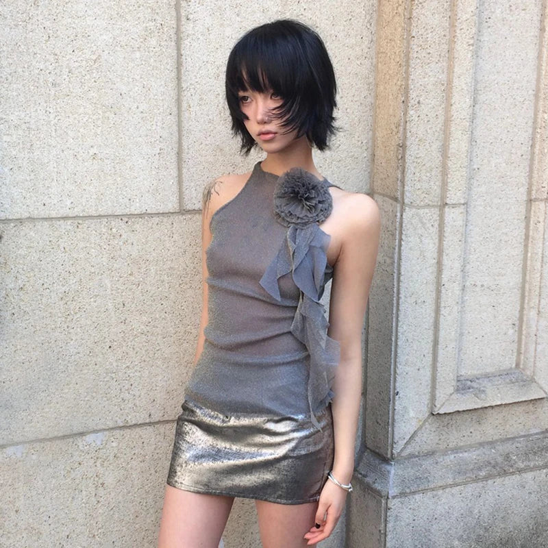 Karrram Japanese Y2k Mesh Tank Top Trashy 2000s Style Sleeveless Tops Vintage Harajuku Flower Irregular Tanktop Fairy Aesthetics
