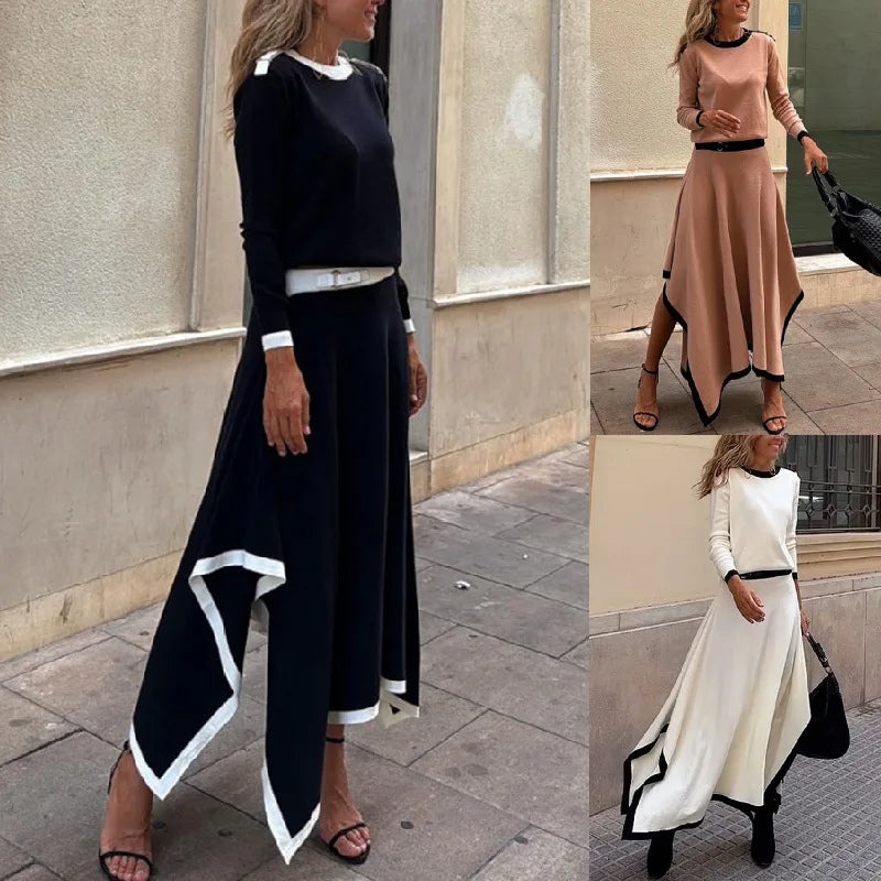 Women Casual Long Sleeve 2Pc Set Fashion Color Blocked Loose 2Pc Outfits Elegant O-neck Pullover Top & lrregular Long Skirt Suit