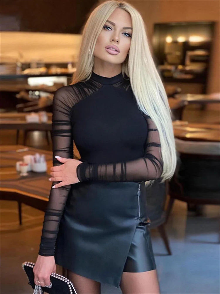 Weird Puss 2023 Mesh Patchwork Bodysuit Sexy Women Sleeve Ruched Skinny Turtleneck Bodycon Elegant Wild Tops Streetwear Outfits