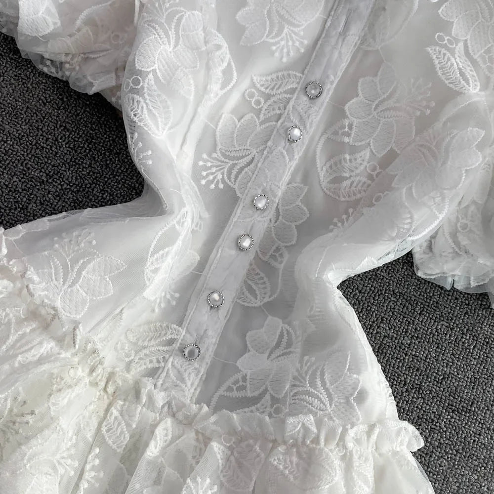 Vintage Elegant Lapel Single-Breasted White Embroidery Puff Sleeve A- Line Cake Dress Cross-Border Summer 2022