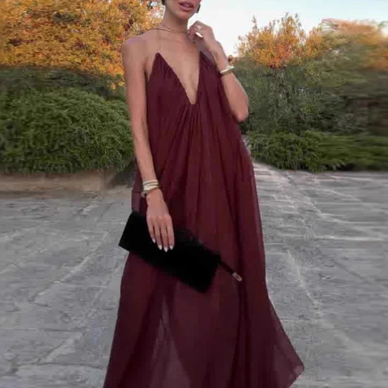 Sexy Women's Backless Wedding Guest Dress 2025 Summer Vacation Solid Color Long Dress Casual Low Cut V-neck Pleated Party Dress
