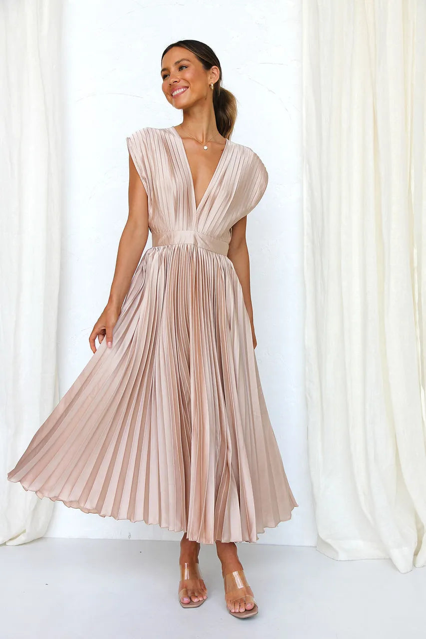 Elegance Draped V-Neck Pleated Skirt Dress 2025 Women Solid Strapless Backless Patchwork Loungewear Simple Maxi Dress