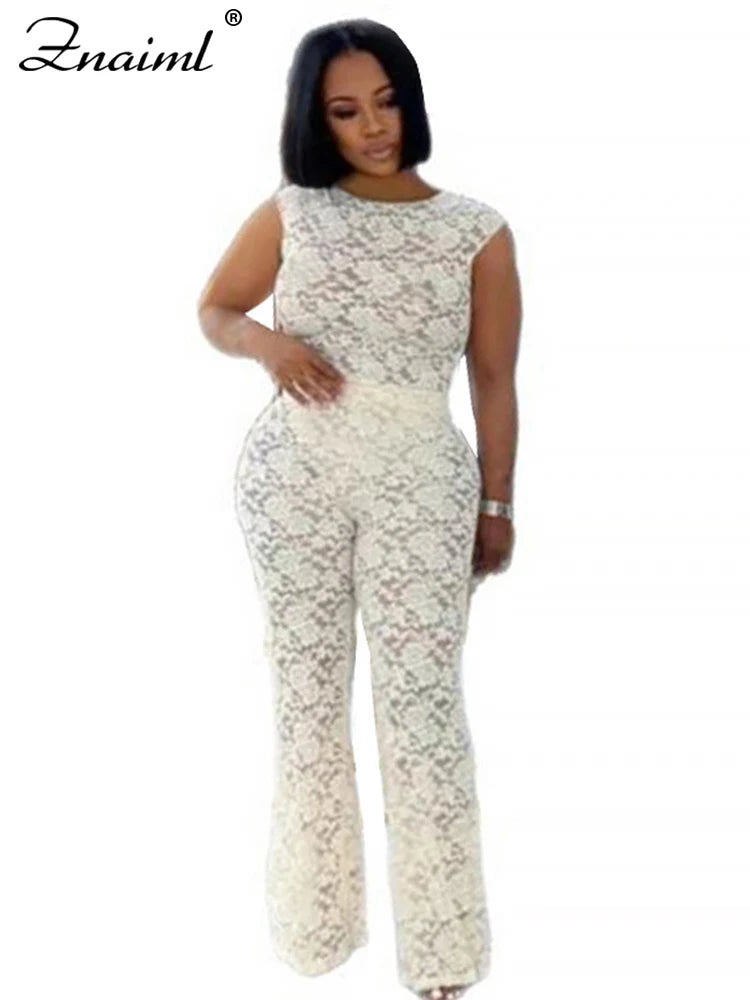 Znaiml Lace See Through Sexy Party Two Piece Set Sleeveless Bodysuits Top and Wide Leg Pants Women Summer Night Club Outfits