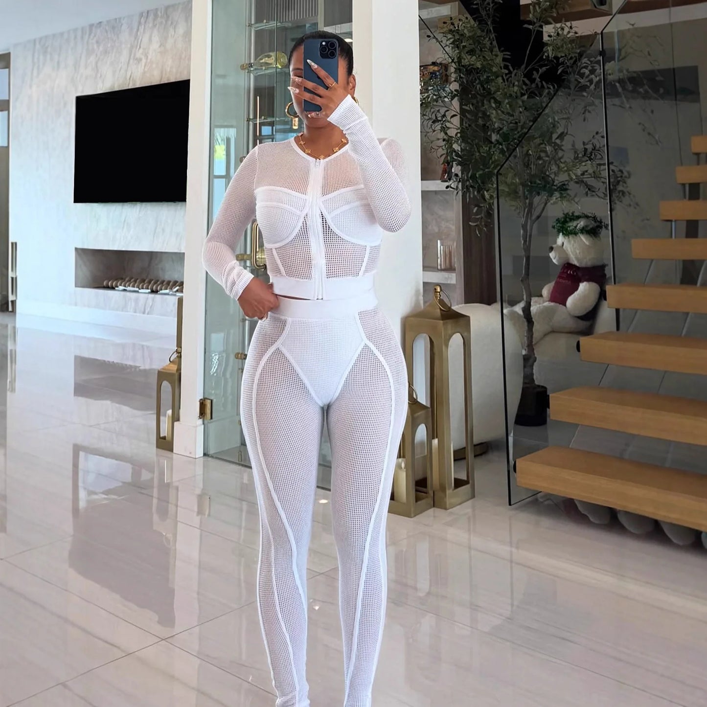 FAGADOER Sexy Hollow Out Bodycon 2 Pieces Set for Woman Mesh See Through Long Sleeves Tops + Leggings Matching Female Streetwear