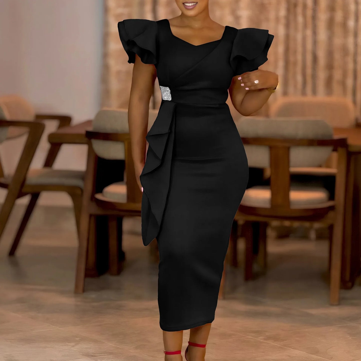 Elegant Pure Color African Style Wrap Dress D3310 New Fashionable Transoceanic Dress with Lace Trim Elegant African Dress