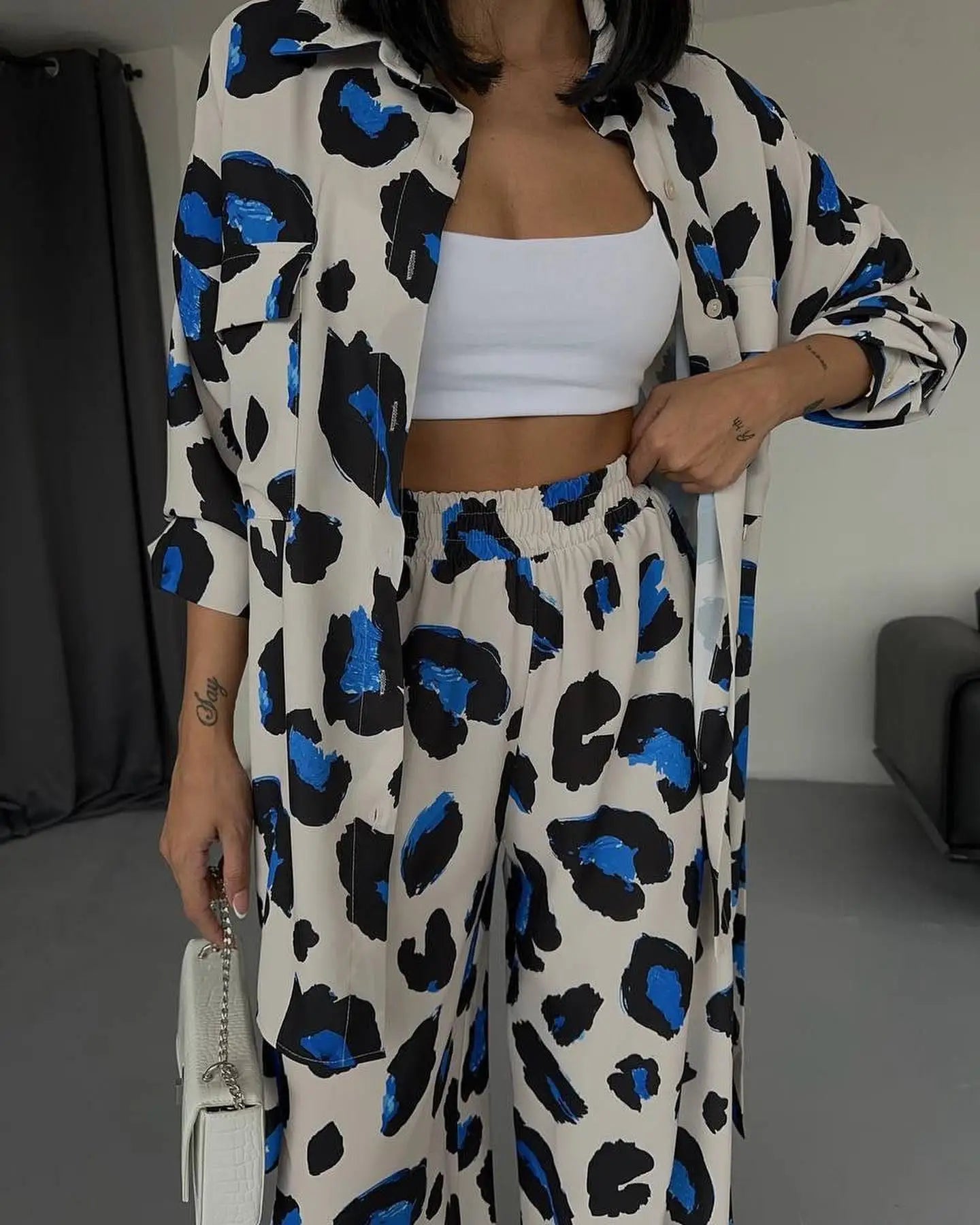 Fashion Leopard Print Women's Two Piece Sets Elegant Casual Button Streetwear Long Sleeve Shirt And Wide Leg Pants 2 Piece Sets