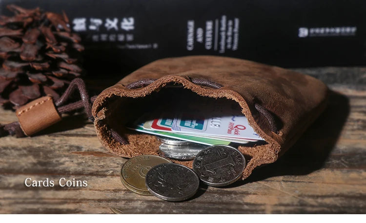 LUOKIR Men's Genuine Leather Coin Purse Simple Vintage Small Card Bag Women's Cowhide Wallet Keys Money Drawstring Storage Bags