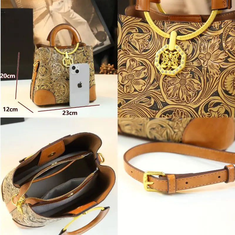 Retro Cowhine Carved Women Bag Handhold Bucket Leather Commuting Shoulder Underarm Crossbody Bags for Women