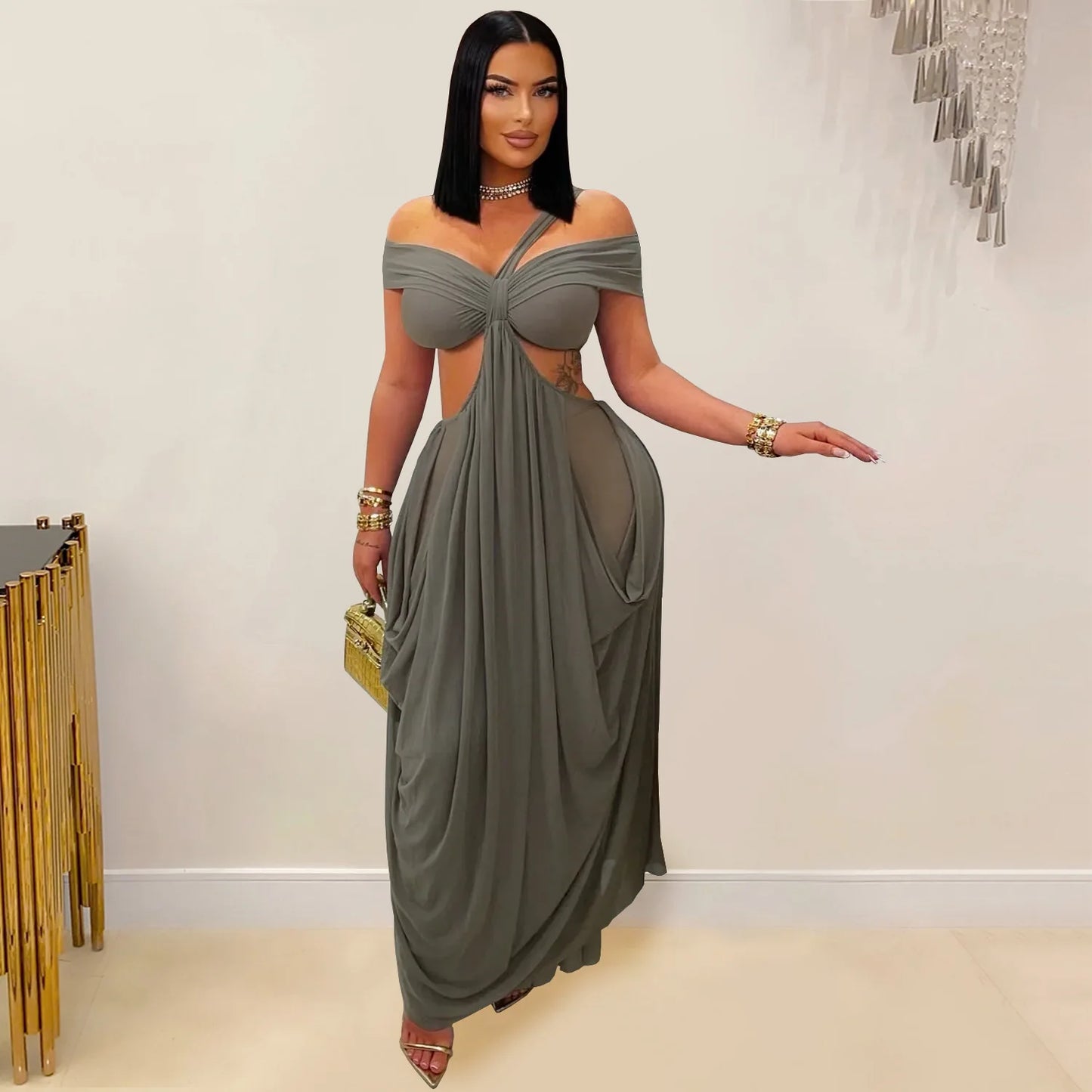 Joskaa 2025 Women's Elegant One Shoulder Strapless Mesh Irregular Maxi Dress Sexy Hollow Backless Skinny Evening Gown Clubwear