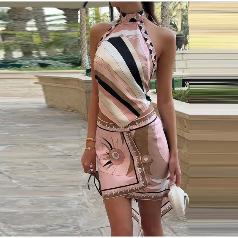 Print Irregular Women's Short Skirt Suits Halter Lace Up Backless Sleeveless Tank Top High Waist Sets Summer Lady Beach Outfits