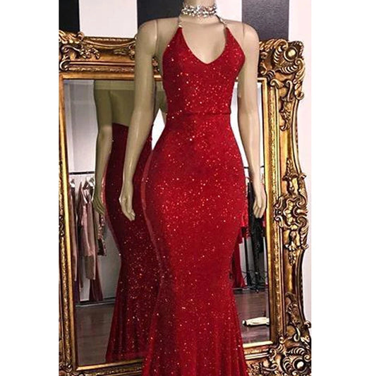 Customized Backless Halter Sparkly Sequined Evening Dresses For Women Mermaid Robe De Soiree Prom Gown Wedding Party Vestidos