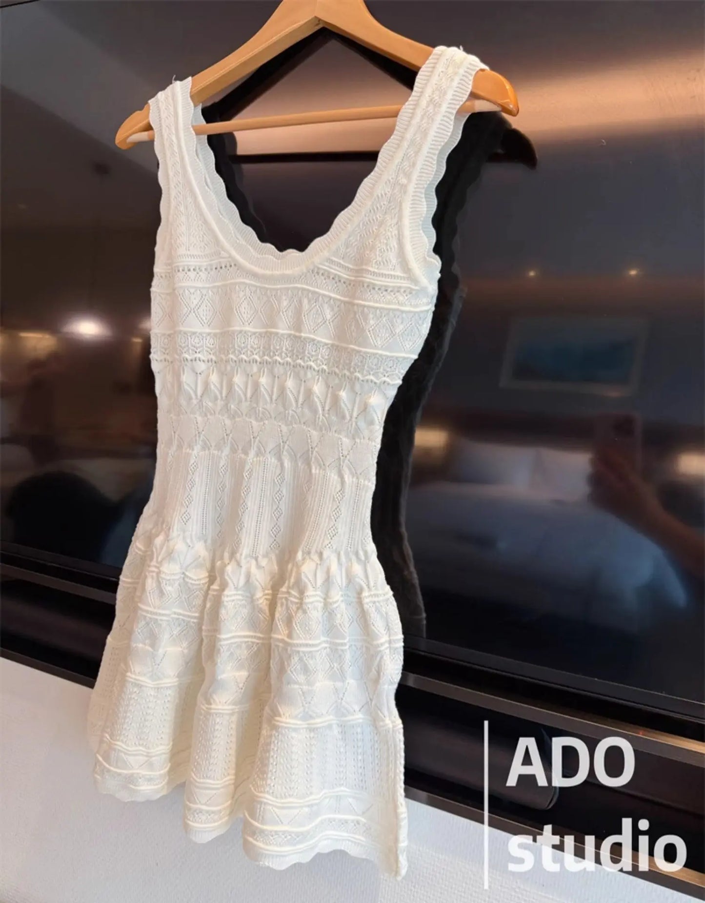 White Sweet A-line Ruffle Edge Knitted Vest Dress Women's Summer French Fashion Slim Temperament Sexy Girl Hollow Short Dress