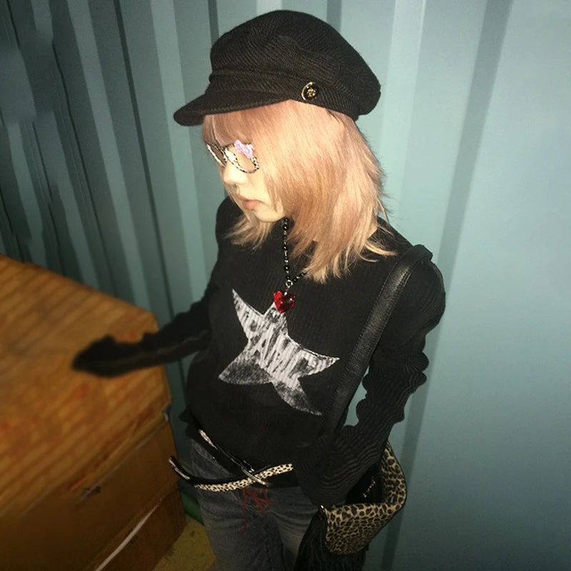 Karrram Japanese Y2k Black Knitted Tops Trashy 2000s Style Long Sleeve Knit T-shirt Vintage Harajuku Distressed Knitwear Grunge