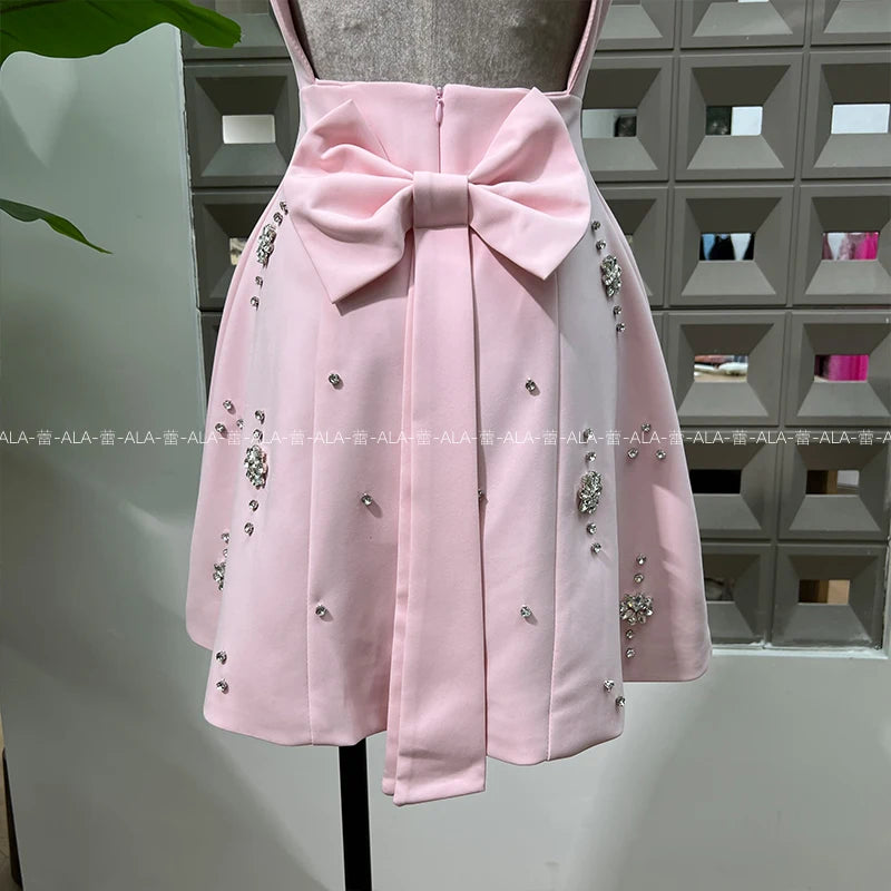 High-end Light Luxury Party Dress 2025 Summer Clothes New Heavy Industry Diamond Square Collar Waist Halter Bow Short Dress
