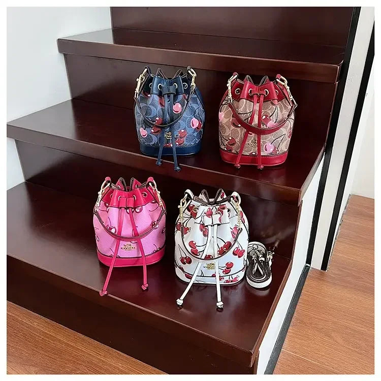 "2025newTextured Bucket Bag Women Artisan Drawstring Shoulder Purse Vintage Motif Crossbody Heritage Accent Carrier"