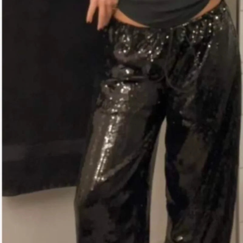 Casual Sequin Pants Women Loose Elastic Waist Wide Legs Trousers Female 2025 Spring Summer Fashion Chic Solid Streetwears Lady