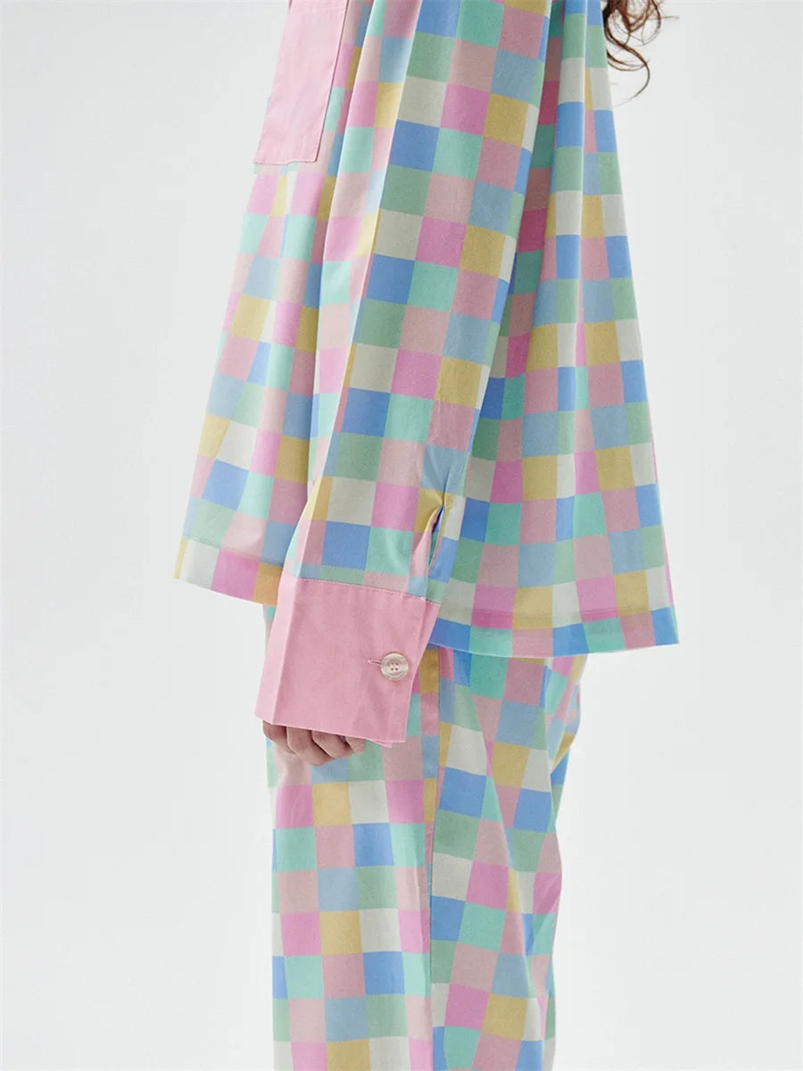 Women 2 Piece Pajamas Set Colorful Plaid Print Long Sleeve Button up Shirt and Elastic Pants for Loungewear Soft Sleepwear Pjs