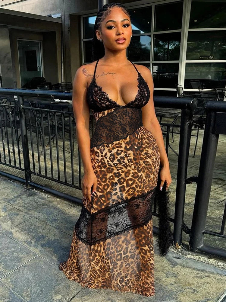 Weird Puss Mesh Patchwork Mermaid Dress Women Leopard Print Sexy Low-Neck Cleavage Backless Ruched Midnight Fashion Long Bodycon