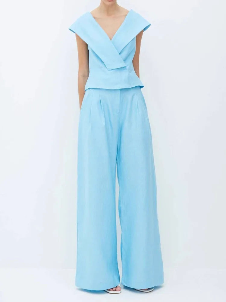 Sleeveless V Neck Two Piece Pants Set