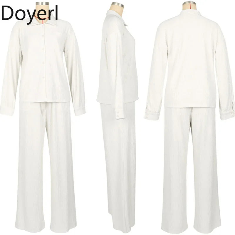 Doyerl Solid Casual Loungewear Sets Woman Two Piece Outfit Loose Fit Long Sleeve Shirt Top and Wide Leg Pants Matching Sets