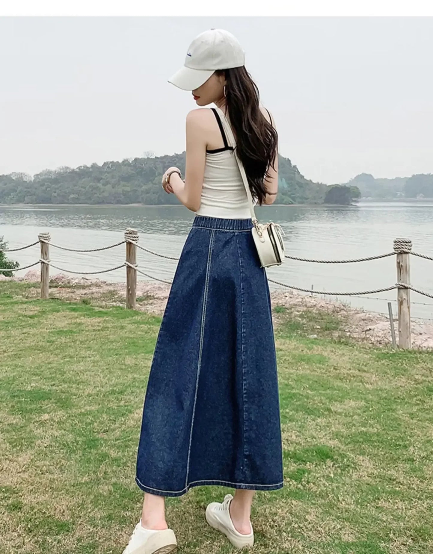 Fashionable Spring Medium-Length High-Waisted Jeans Long Dress Women's Elastic Waist A- Line Skirt Umbrella Skirt