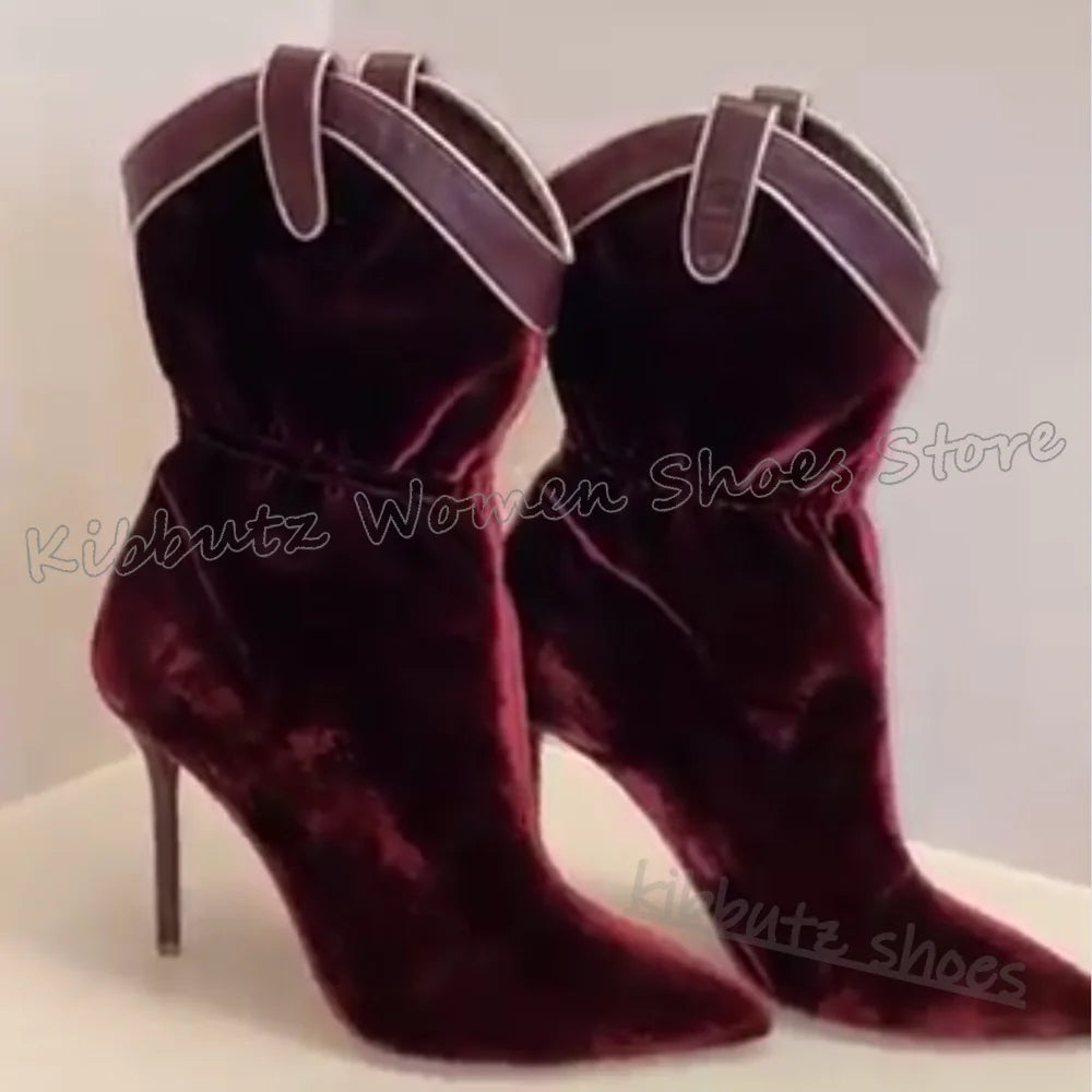 Ankle Modern Boots Velvet Solid Color Pleated Fashion Elegant Comfortable Sexy Luxury Women Shoes New Pointy Thin Heels Slip-On