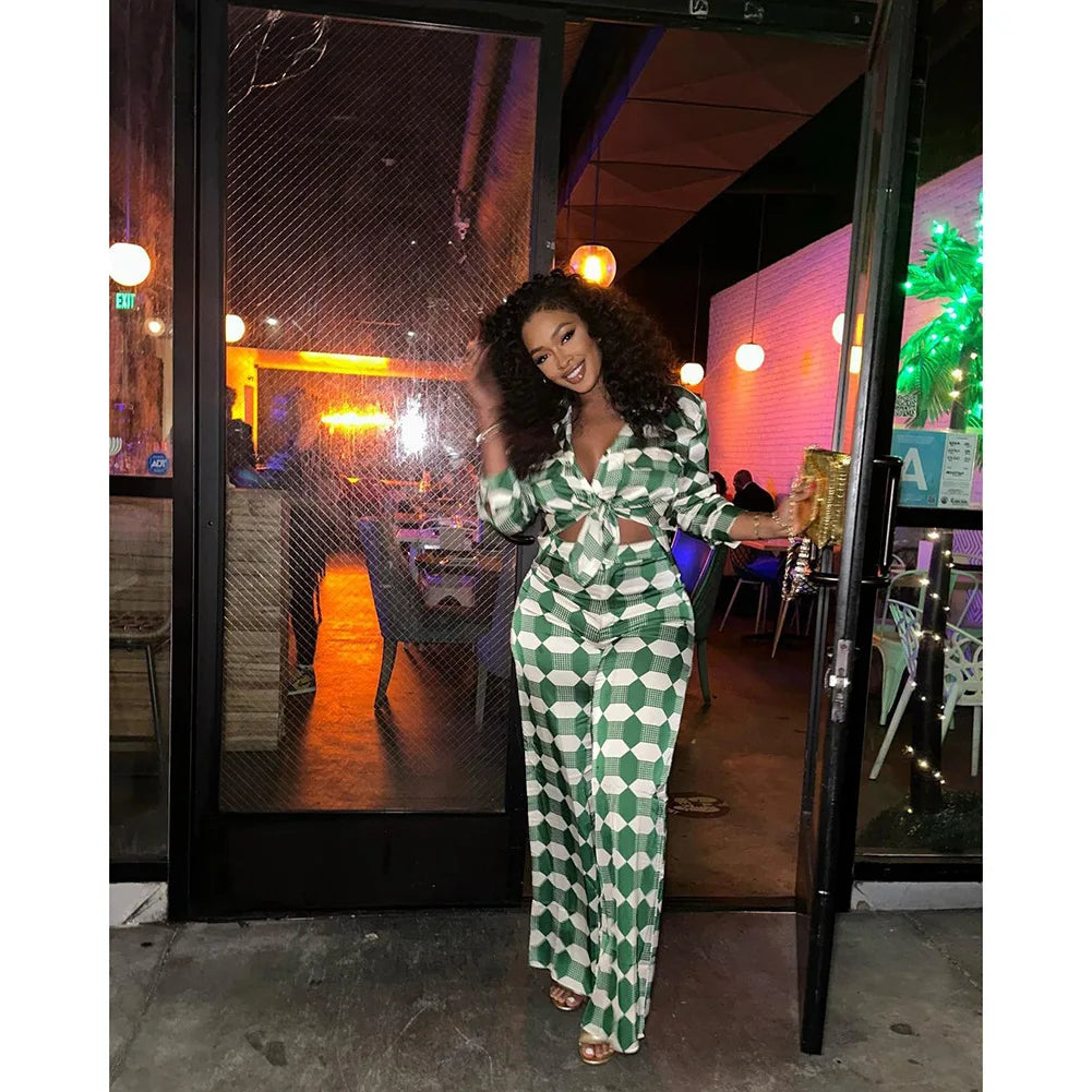Two Pieces Shirt Sets Women Casual Matching Suits Geometric Print Loose Long Sleeves Wide Leg Pants Elegant Office Lady Autumn