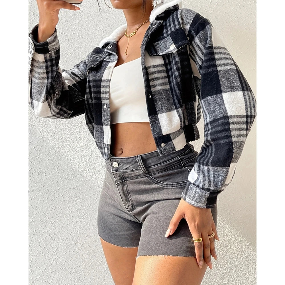 Women Fluffy Turn-down Collar Striped Print Covered Button Short Jackets Autumn Long Sleeve Coat Outfits Winter Clothing