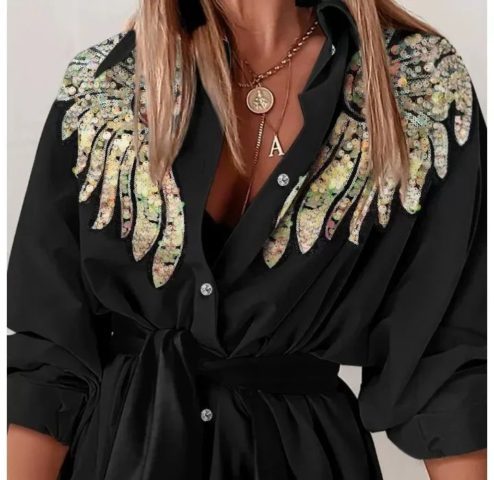 FashionDress Women Sexy New 2024 Autumn Winter Casual Sequin Wings Pattern Turn-Down Collar Tied Detail Elegant Shirt Dresses