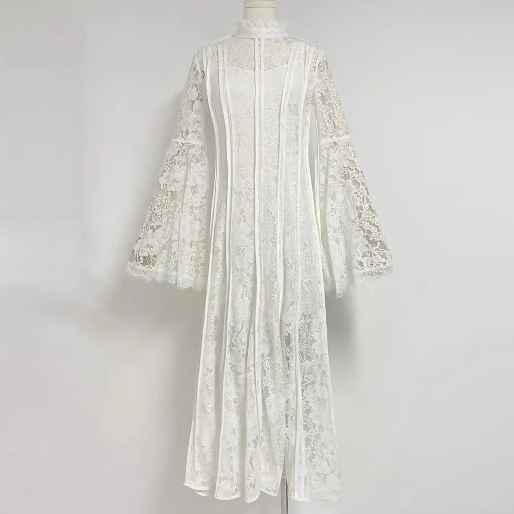 TWOTWINSTYLE Patchwork Lace Slimming Dresses For Women Stand Collar Flare Sleeve High Waist Solid Elegant Dress Female Fashion