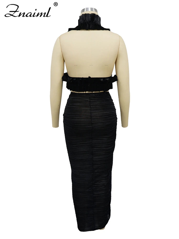 Znaiml Prom Gowns Formal Pleated Two 2 Pieces Women Crop Top and High Slit Skirt Set Ruffles Sexy Night Club Outfits Birthday