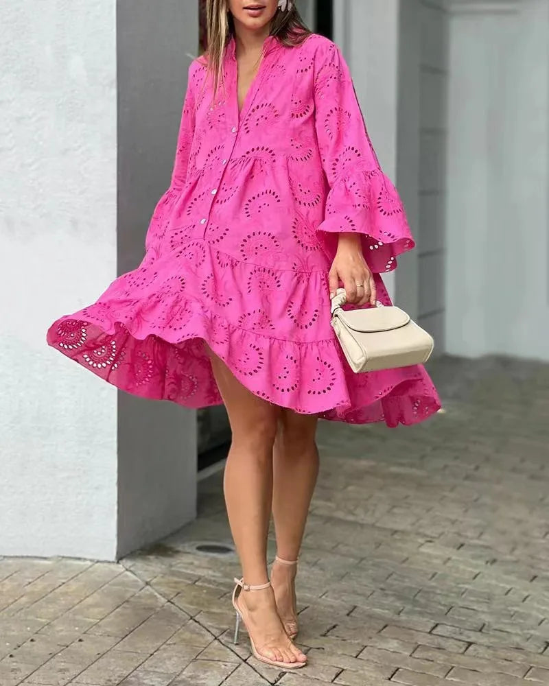 Summer Women Hollow Out Dresses Elegant Vintage Solid Lace V-neck Loose Embroidery Long Sleeve Mini Dresses