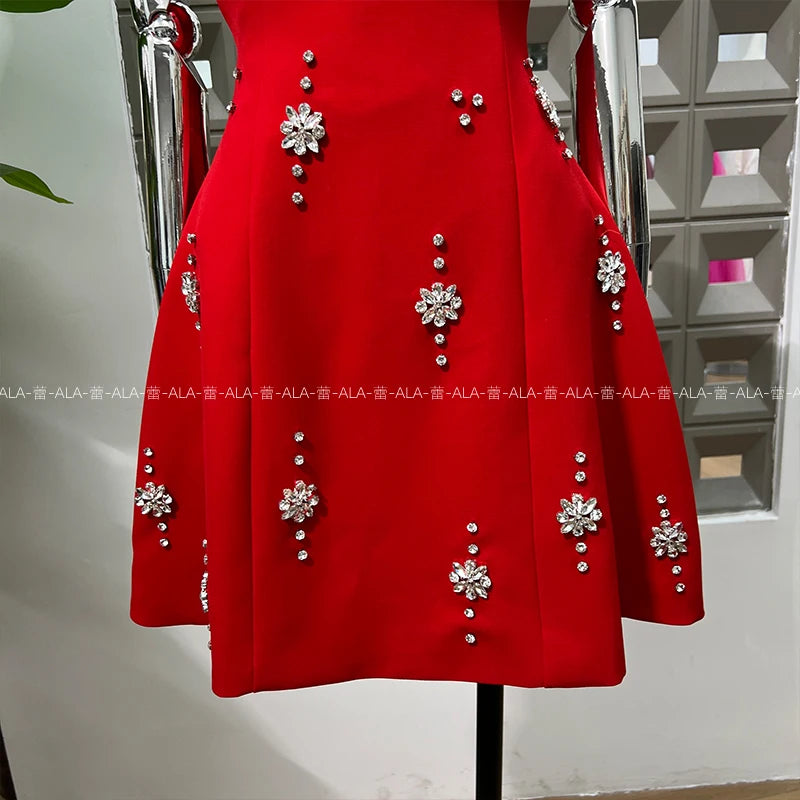 High-end Light Luxury Party Dress 2025 Summer Clothes New Heavy Industry Diamond Square Collar Waist Halter Bow Short Dress