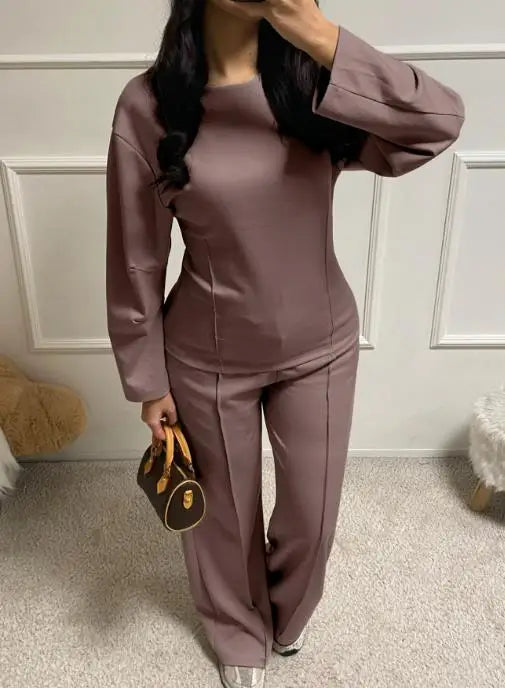 Autumn Casual Loose 2-Piece Set of Solid Color Round Neck Pit Stripe Spliced Top and High Waisted Straight Leg Pants Set