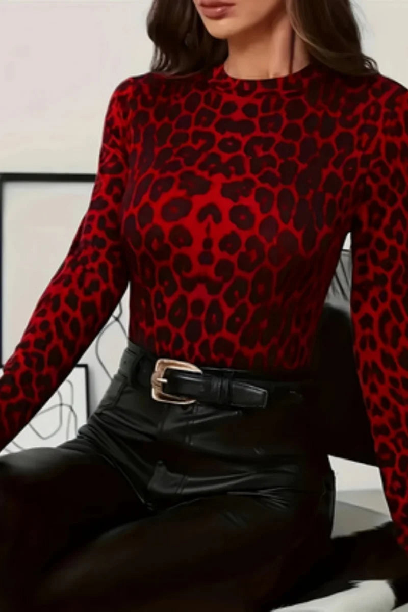 Leopard Print Slim Fit Long Sleeve Knit Top for Women