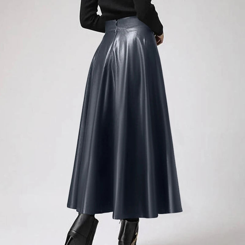 Celmia Fashion Women Long Skirts 2024 Spring PU Leather Faldas Elegant High Waist A-line Midi Skirt Casual Loose OL Swing Jupes