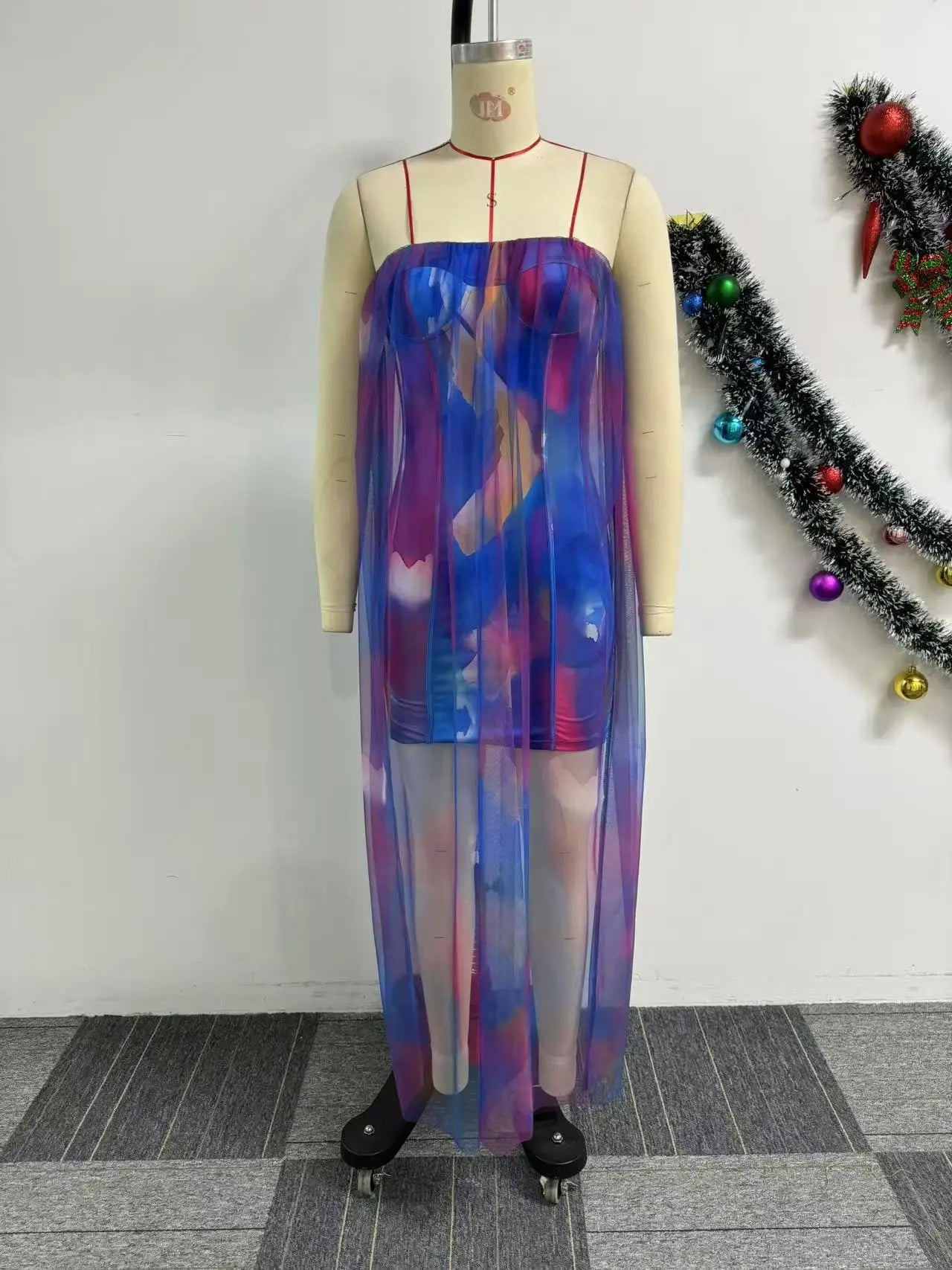 CM.YAYA Women Sleeveless Tie Dye Print Strapless Mesh Bodycon Midi Long Maxi Dress 2025 Birthday Club Party Vestido Sexy Dresses