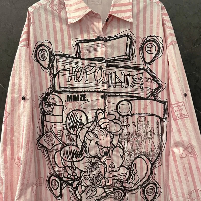 Spring and Summer New Cartoon Design Striped Long-sleeved Shirt Women's Loose Sweet College Style Long Pink Top Single Breasted