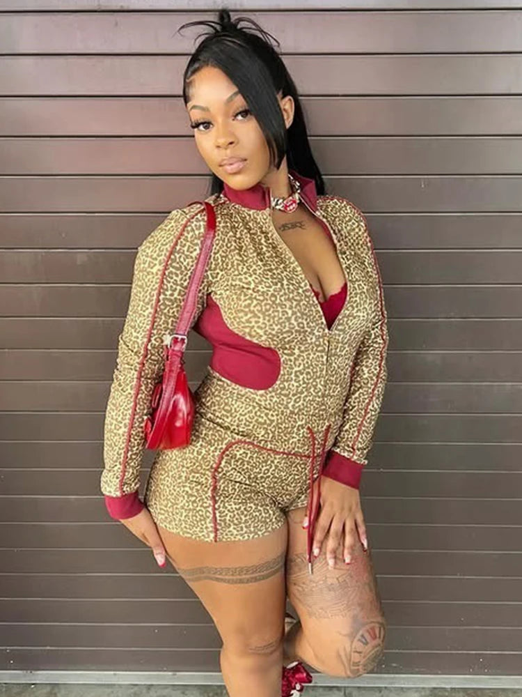 Weird Puss Casual Women 2 Piece Set  Tracksuit Leopard Print Patchwork Zip Crop Jacket+Shorts Sporty Stretch Streetwear Outfits