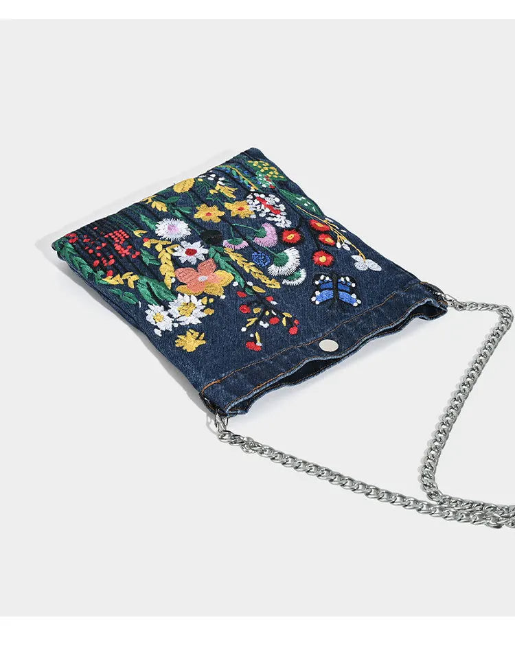 Embroidered Floral with Chain Shoulder Bag for Women