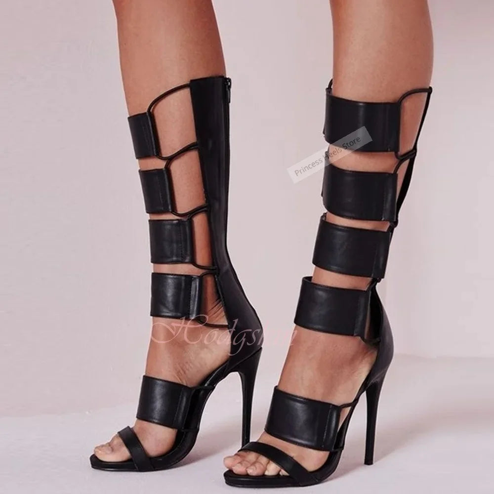 Knee High Cutout Strappy Leather Boots With Stiletto Heels for Women