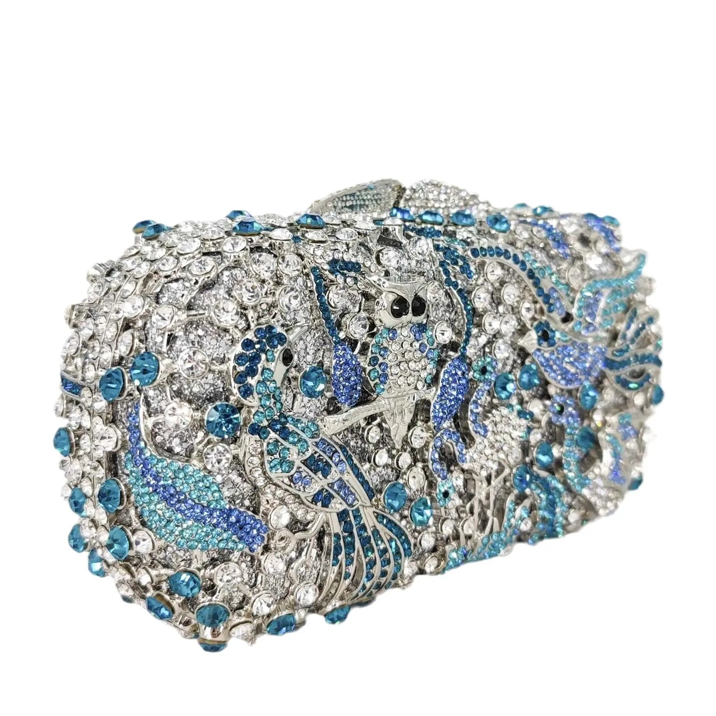 Boutique De FGG Light Blue Spahire Bird & Flower Women Crystal Clutch Evening Bags Wedding Bridal Animal Rhinestone Handbags