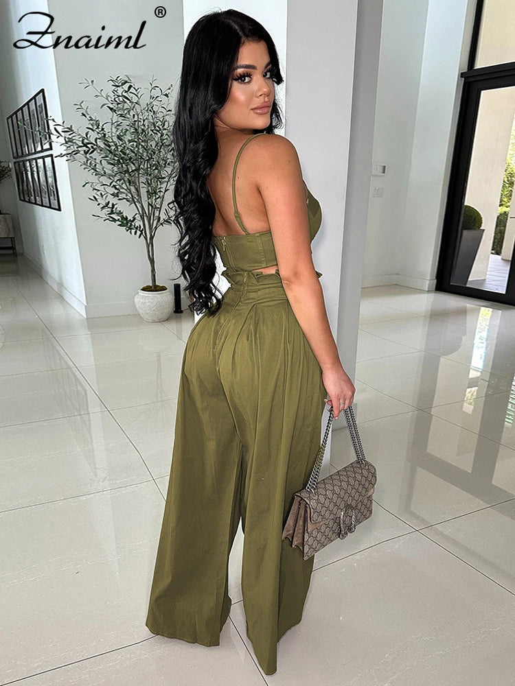 Znaiml Fashion Two 2 Piece Pants Sets Women Clothing Strap Sleeveless Top and Wide-leg Pants Elegant Streetwear Matching Suit