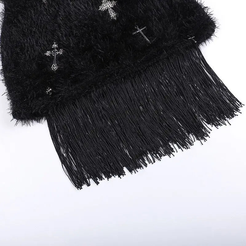 Gothic Classic Punk Cross Pendant Tassel High Elastic High Waist Sexy Plush Short Skirt Women's High-end Design Hip-pack Skirt