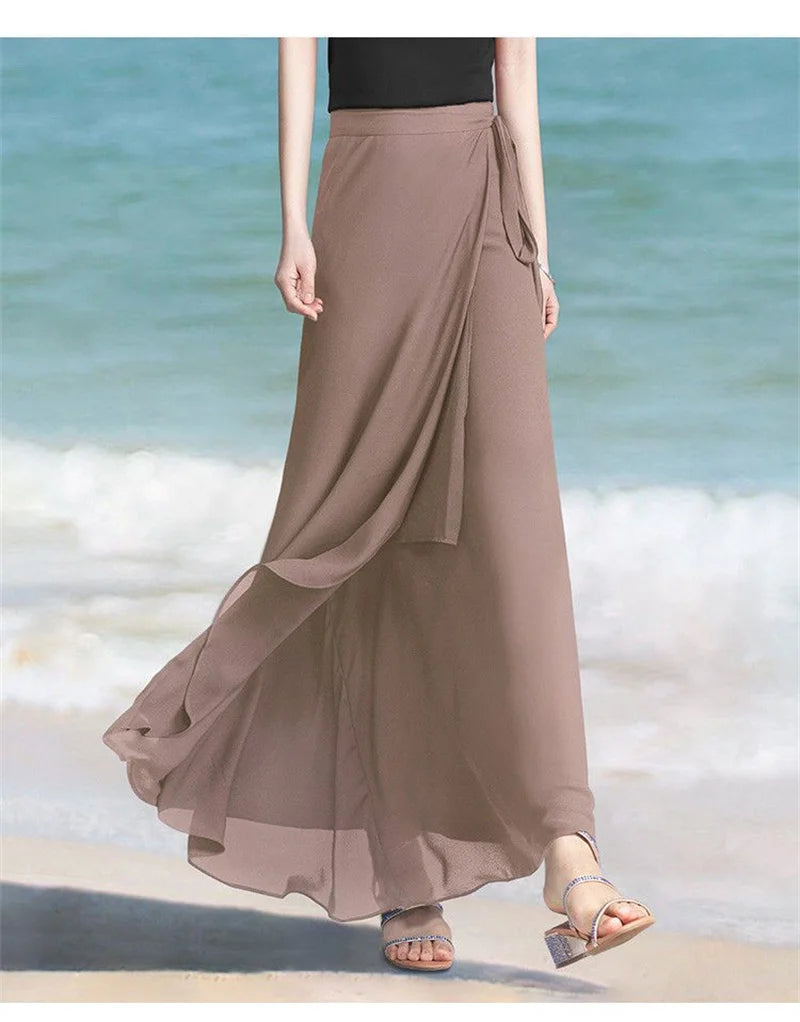 Lace-Up Summer Skirt Holiday style Chiffon Halfskin Skirt Women's 2023 Summer New Thin Dropping Long Wrapped Hip Skirt Khaki Bla