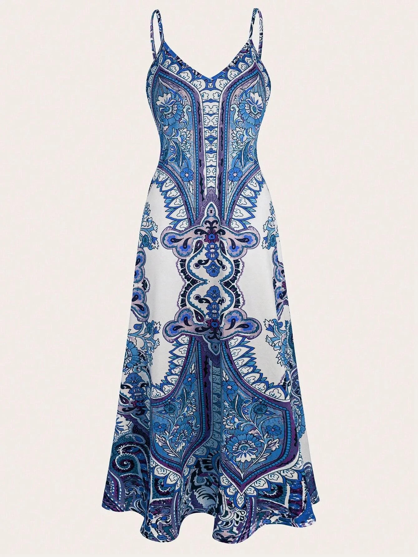 Summer women's floral print halter dress, long, adjustable straps, side pockets, stylish and elegant, suitable for beach vacatio