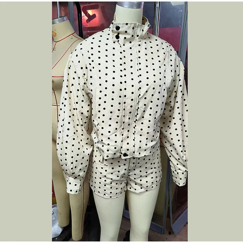 Loose Polka Dot Zipper Women's Shorts Set Stand Collar Patchwork Full Sleeve Pockets Jacket Tie Up Short Pant Suit Summer Outfit