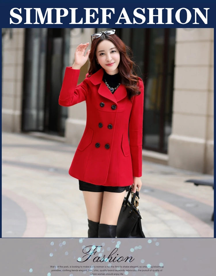 Autumn Winter Women Double Breasted Woolen Coat Solid Color Lapel Slim Fit Short Ladies Wool Jacket S-3XL